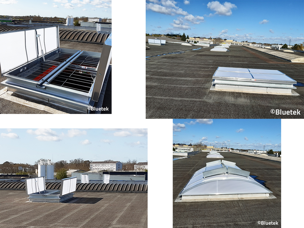 Lanterneaux pour rénovation Bluetek posés sur toiture bâtiment logistique